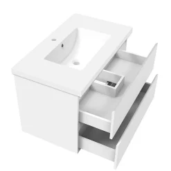 Ensemble meuble 80 cm blanc avec 2 tiroirs à fermeture automatique, lavabo céramique + miroir Bluetooth tricolore, suspendu