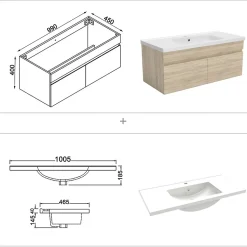 Ensemble meuble + vasque + miroir lumineux + colonne 100cm meuble salle de bain Chêne Wotan