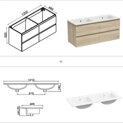 Ensemble meuble 2 vasque L.120cm 4 tiroirs + lavabo + LED miroir + colonne,chêne design
