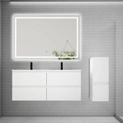 Ensemble meuble 2 vasque L.120cm 4 tiroirs + lavabo + LED miroir + colonne,blanc,A
