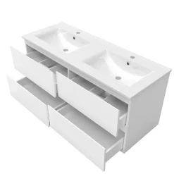Ensemble meuble 2 vasque L.120cm 4 tiroirs + lavabo + LED miroir + colonne,blanc,A