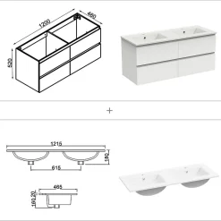 Ensemble meuble 2 vasque L.120cm 4 tiroirs + lavabo + LED miroir + colonne,blanc,A
