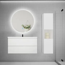 Ensemble meuble blanc et vasque L.100cm 2 tiroirs + colonne haut + lavabo + miroir 60x60cm-suspendu