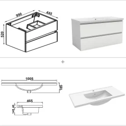 Ensemble meuble blanc et vasque L.100cm 2 tiroirs + colonne haut + lavabo + miroir 60x60cm-suspendu