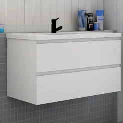 Ensemble meuble blanc et vasque L.100cm 2 tiroirs + colonne haut + lavabo + miroir 80x60cm-suspendu