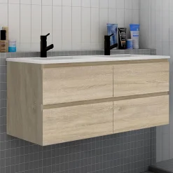 Ensemble meuble chêne et vasque L.120cm 4 tiroirs + colonne haut + lavabo + miroir 80x60cm x2-suspendu