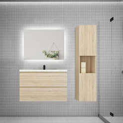 Ensemble meuble chêne et vasque L.80cm 2 tiroirs + colonne haute + lavabo + miroir 80x60cm-suspendu