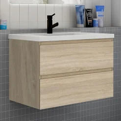 Ensemble meuble chêne et vasque L.80cm 2 tiroirs + colonne haute + lavabo + miroir 80x60cm-suspendu