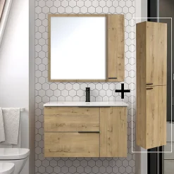 Ensemble meuble de salle de bain 80cm vasque déportée + colonne de rangement - KING - Roble (chêne clair)
