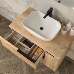 Ensemble meuble de salle de bain 80cm vasque déportée + colonne de rangement - KING - Roble (chêne clair)
