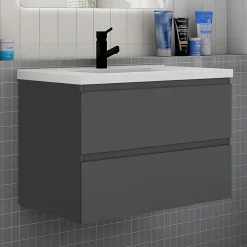 Ensemble meuble de salle de bain et lavabo anthracite (L.80cm) 2 tiroirs + meuble haut + lavabo + miroir LED