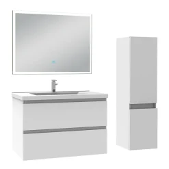 Ensemble meuble de salle de bain 80cm, vasque céramique + colonne + miroir lumineux, blanc