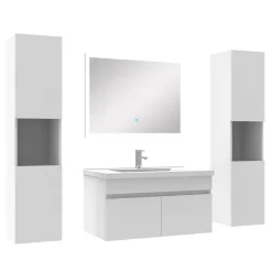 Ensemble meuble de salle de bain 80cm simple vasque + colonne de rangement + miroir lumineux Blanc