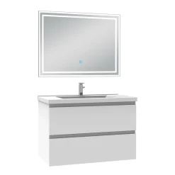 Ensemble meuble de salle de bain 80cm, vasque céramique et LED miroir mural, blanc