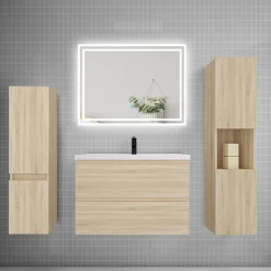 Ensemble meuble de salle de bains 80cm, simple vasque et colonne et LED miroir,chêne