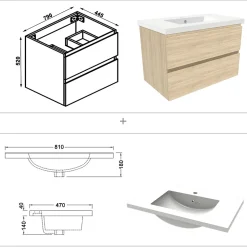 Ensemble meuble de salle de bains 80cm, simple vasque et colonne et LED miroir,chêne
