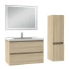 Ensemble meuble de salle de bain 80cm, vasque céramique + colonne + LED miroir rectangulaire, chêne