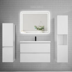 Ensemble meuble de salle de bains 80cm, simple vasque et colonne et LED miroir,blanc