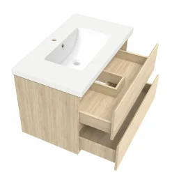 Ensemble meuble de salle de bain 80cm, vasque céramique + colonne + miroir lumineux, chêne