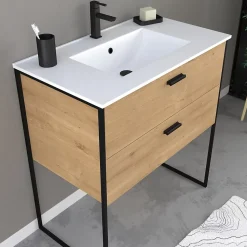 Ensemble meuble de salle de bain 80x45cm style industriel couleur chene naturel - vasque blanche
