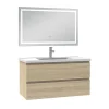 Ensemble meuble de salle de bain avec tiroirs 100cm, vasque céramique et LED miroir, chêne