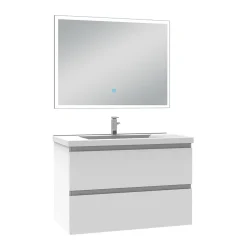 Ensemble meuble de salle de bain 80cm, vasque céramique et LED miroir rectangulaire, blanc