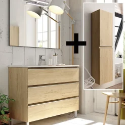 Ensemble meuble de salle de bain 100cm simple vasque + colonne de rangement PALMA - bambou (chêne clair)