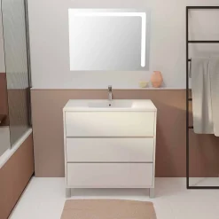 Ensemble Meuble de salle de bain blanc 80 cm sur pied 3 tiroirs + vasque ceramique blanche + miroir
