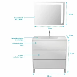 Ensemble Meuble de salle de bain blanc 80 cm sur pied 3 tiroirs + vasque ceramique blanche + miroir