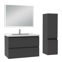 Ensemble meuble de salle de bain 80cm, vasque céramique + colonne + miroir lumineux, anthracite