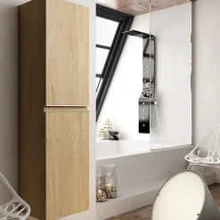 Ensemble meuble de salle de bain 80cm simple vasque + colonne de rangement - BALEA - bambou (chêne clair)