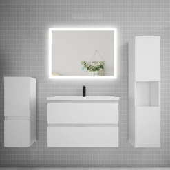 Ensemble meuble de salle de bain 80cm, simple vasque + colonne + LED miroir rectangulaire,blanc
