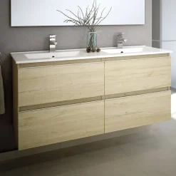 Ensemble meuble de salle de bain 140cm double vasque + colonne de rangement - BALEA - bambou (chêne clair)