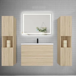 Ensemble meuble de salle de bains 80cm, vasque + colonne + LED miroir mural,chêne