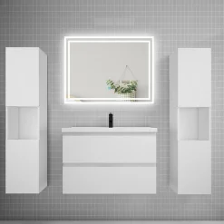Ensemble meuble de salle de bains 80cm, simple vasque + colonne + LED miroir mural,blanc