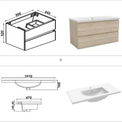 Ensemble meuble de salle de bains 100cm, simple vasque + colonne + LED miroir,chêne
