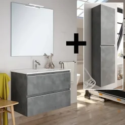 Ensemble meuble de salle de bain 60cm simple vasque + colonne de rangement - BALEA - ciment (gris)