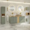 Ensemble meuble double vasque 140cm 4 tiroirs miroirs LED colonne et 3 armoires murales Jade Vert et Bois