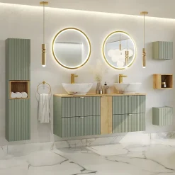 Ensemble meuble double vasque 140cm 4 tiroirs miroirs LED colonne et 3 armoires murales Jade Vert et Bois