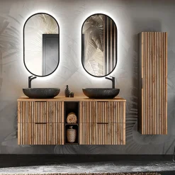 Ensemble meuble double vasque 140cm 2 niches miroirs LED et colonne Gaia Bois et Noir - Vasque Noir