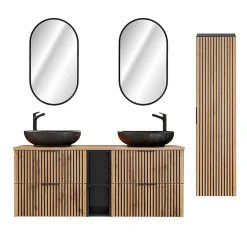 Ensemble meuble double vasque 140cm 2 niches miroirs LED et colonne Gaia Bois et Noir - Vasque Noir