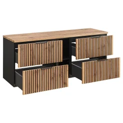 Ensemble meuble double vasque 140cm 2 niches miroirs LED et colonne Gaia Bois et Noir - Vasque Noir