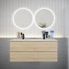 Ensemble meuble double vasque L.120cm 4 tiroirs + lavabo + 2 LED miroirs rond 60cm,chêne