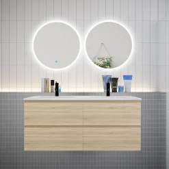 Ensemble meuble double vasque L.120cm 4 tiroirs + lavabo + 2 LED miroirs rond 60cm,chêne