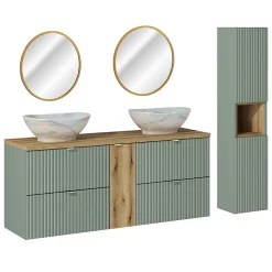 Ensemble meuble double vasque 140cm 4 tiroirs miroirs LED et colonne Jade Vert et Bois