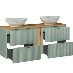 Ensemble meuble double vasque 140cm 4 tiroirs miroirs LED et colonne Jade Vert et Bois