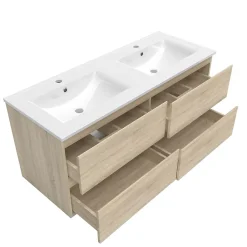 Ensemble meuble double vasque L.120cm 4 tiroirs + lavabo + 2 LED miroirs rond 60cm + colonne C,chêne.easy