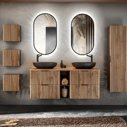 Ensemble meuble double vasque 140cm 2 niches miroirs LED colonne et 3 armoires murales Gaia Bois et Noir - Vasque Noir