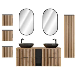 Ensemble meuble double vasque 140cm 2 niches miroirs LED colonne et 3 armoires murales Gaia Bois et Noir - Vasque Noir