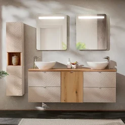 Ensemble meuble double vasque 160cm 4 tiroirs panier à linge et colonne Manoa Cachemire et Bois